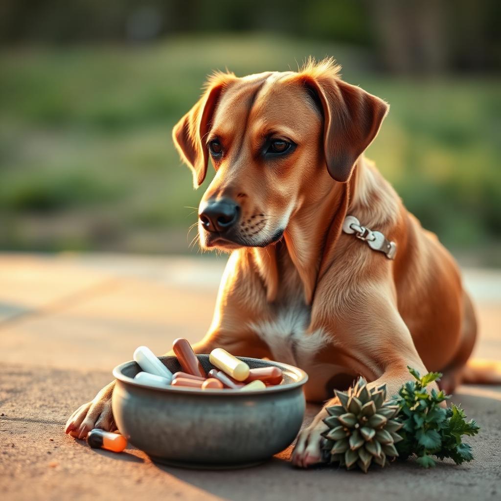 A senior dog beside a bowl of supplement capsules