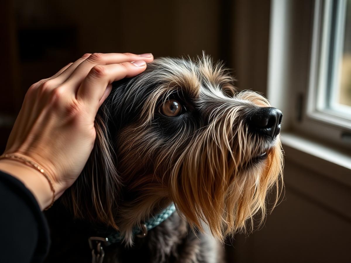 An owner's hand resting on a senior dog's head