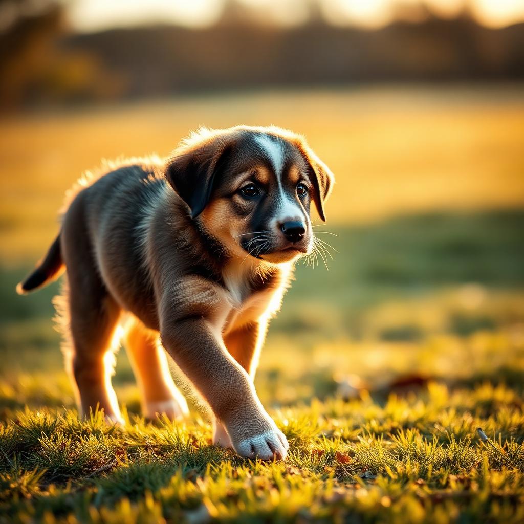 A young puppy walking in a meadow at golden hour