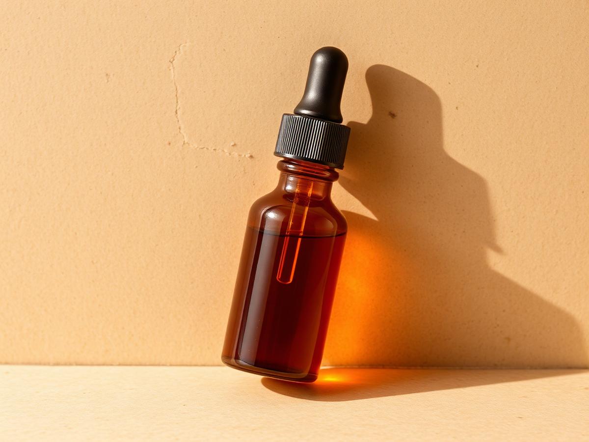 Amber dropper bottle in warm light