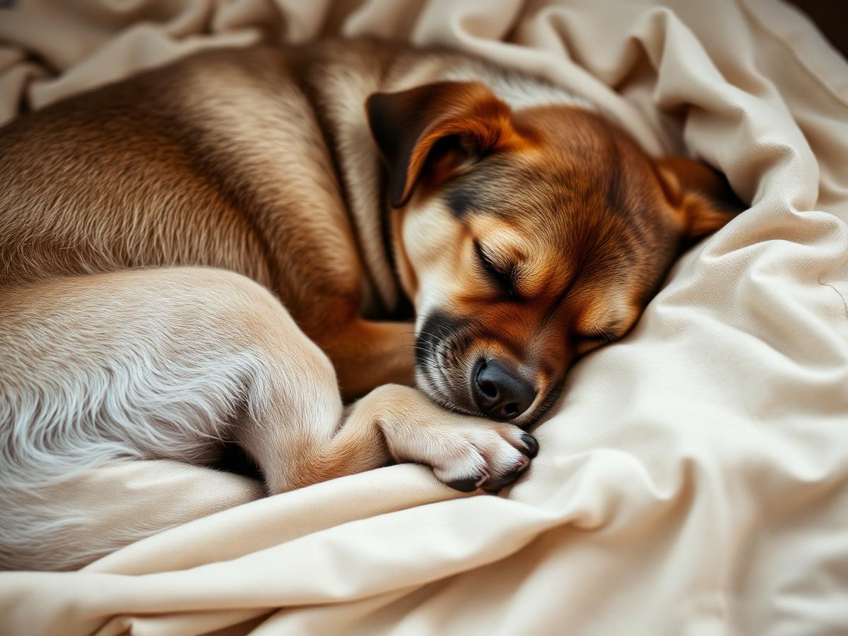 A senior dog sleeping on a linen blanket